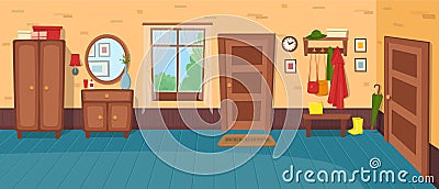Cartoon hallway background. Panorama with stairs, doors, wardrobe, chest of drawers, mirror, coat rack with clothes, umbrella.Vect Cartoon Illustration